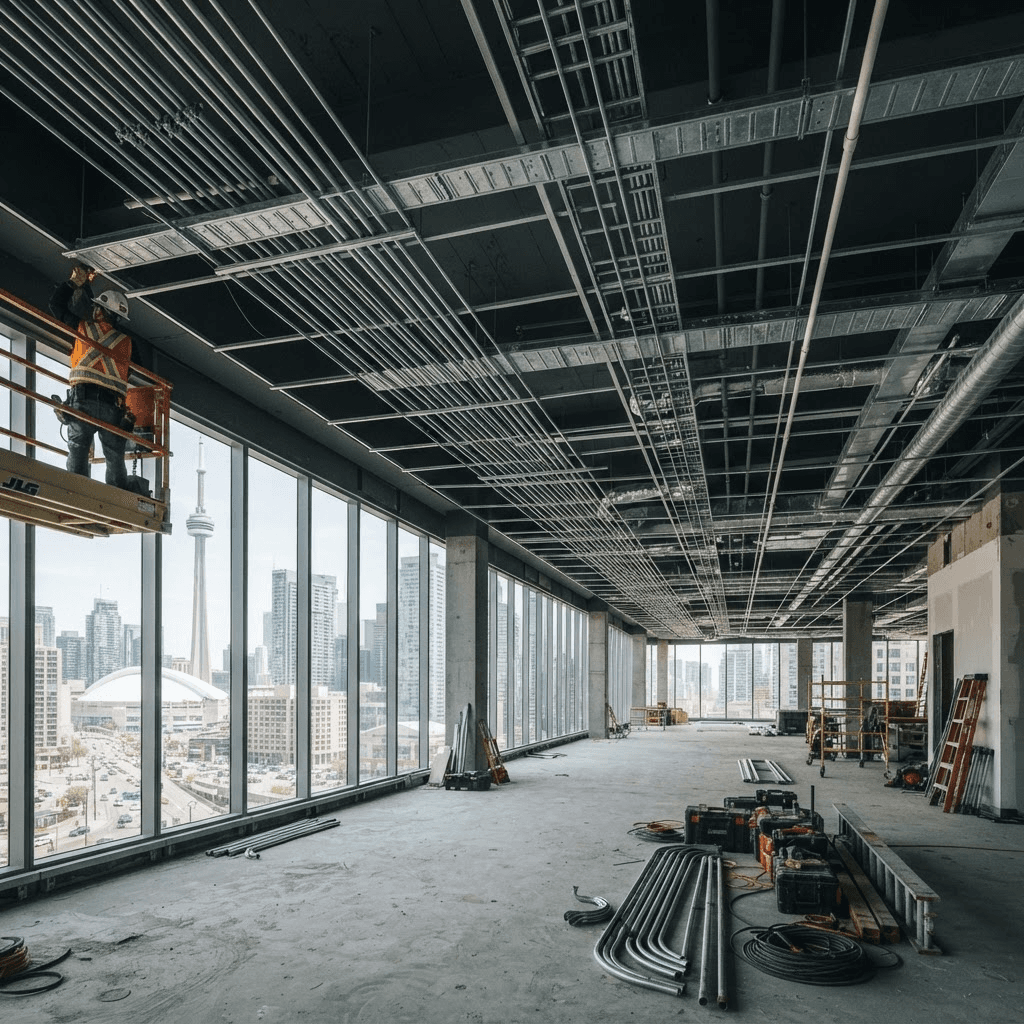 Parallel conduit runs in the exposed ceiling of a commercial fit-out with a city skyline behind.