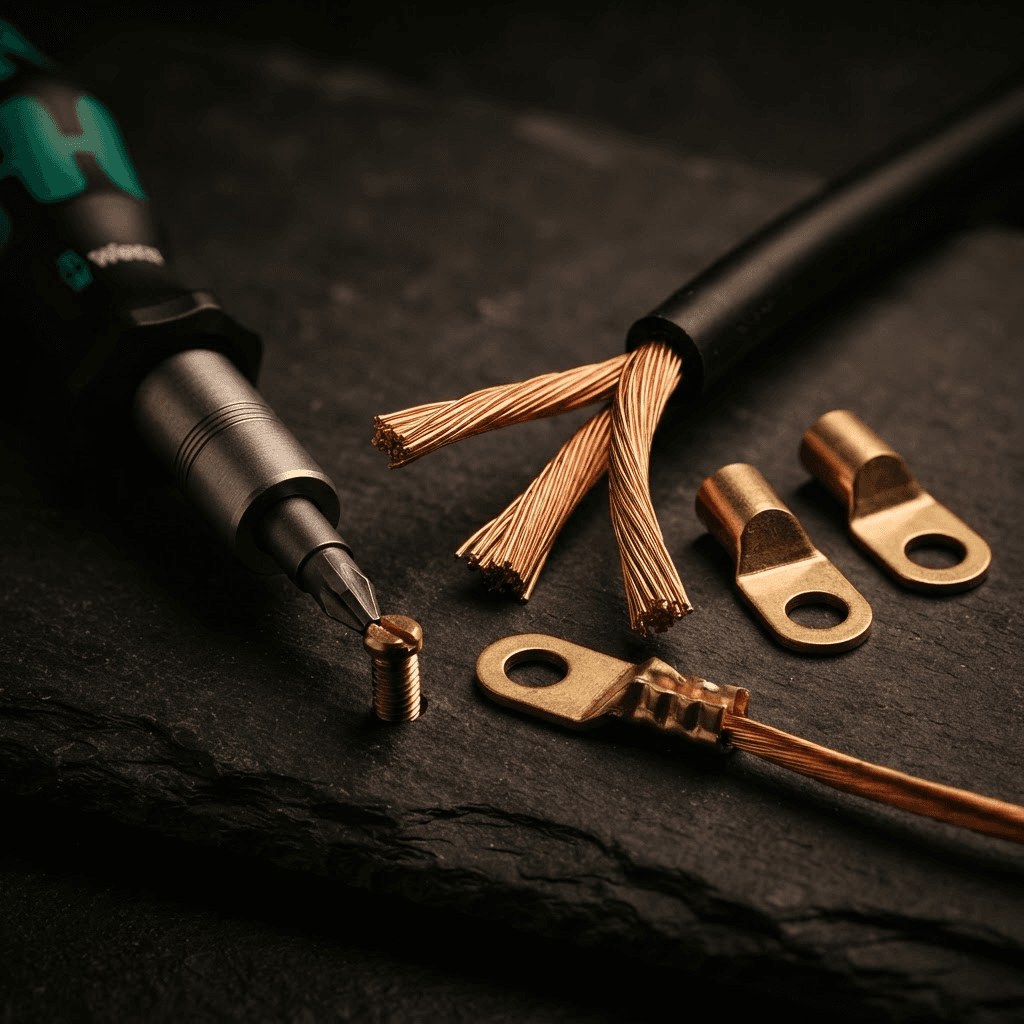 Stripped copper conductors, brass lugs and a torque screwdriver on a slate surface.