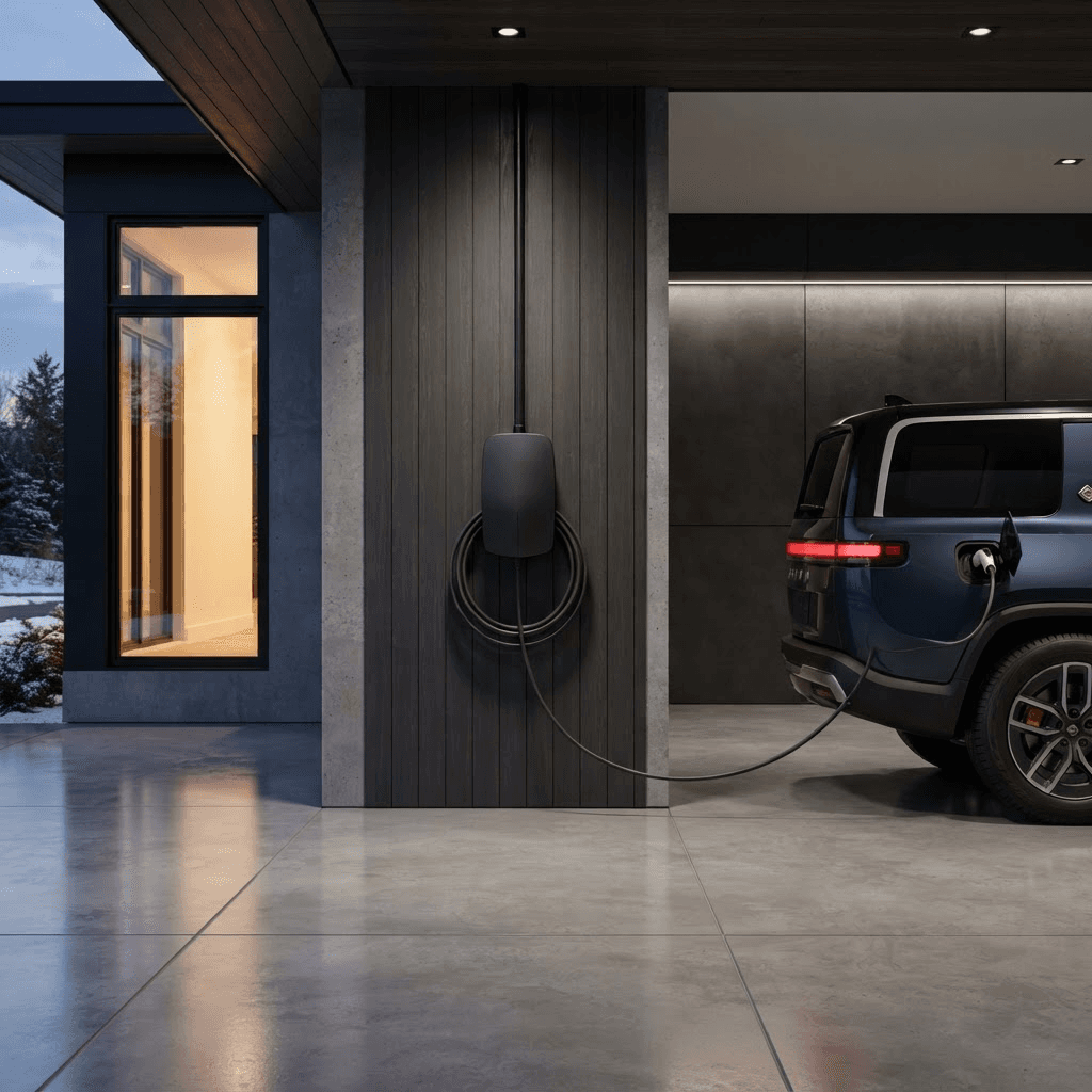 A wall-mounted Level 2 EV charger in a modern garage.