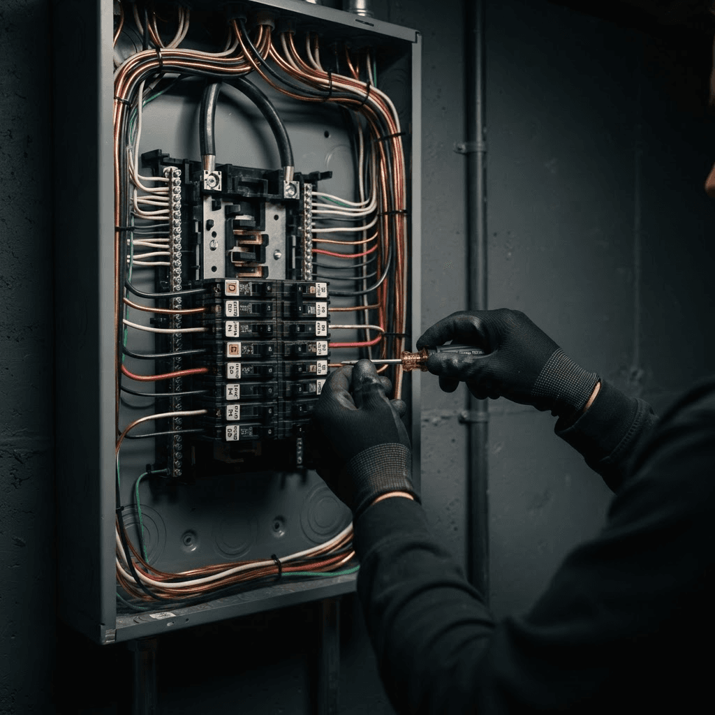 A master electrician landing copper conductors into a new, immaculately organized 200A electrical panel.